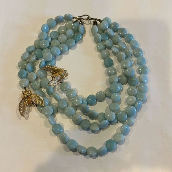 Elva Fields Jewelry - Elva Fields (4) Strand Aqua Beads with Gold Bee Brooches Necklace